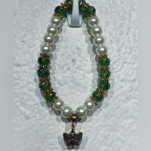 Vintage Faux Pearl and Green Beaded Bracelet with Butterfly Charm